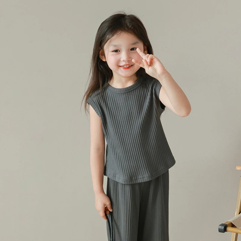 Two-Piece Set Summer Girl Sleeveless Shirt And Trousers Casual Suit Girl Round Neck Solid Color Fashion Suit Skin-Friendly