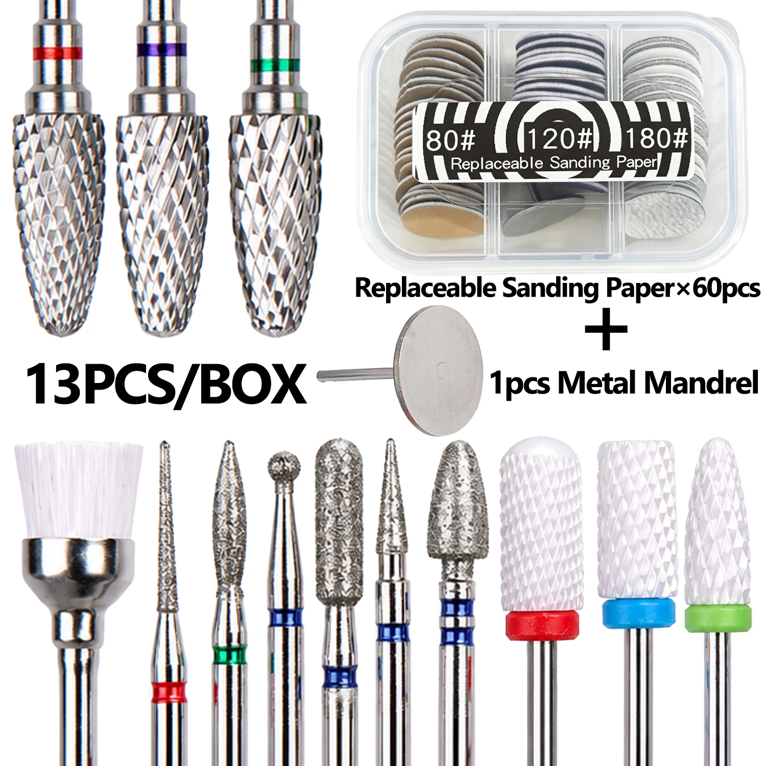 13Pcs Nail Drill Bits Set with 60Pcs 80/120/180 Grit Sanding Disc for Gel Acrylic Nail Cuticle Remover Manicure Pedicure Tools