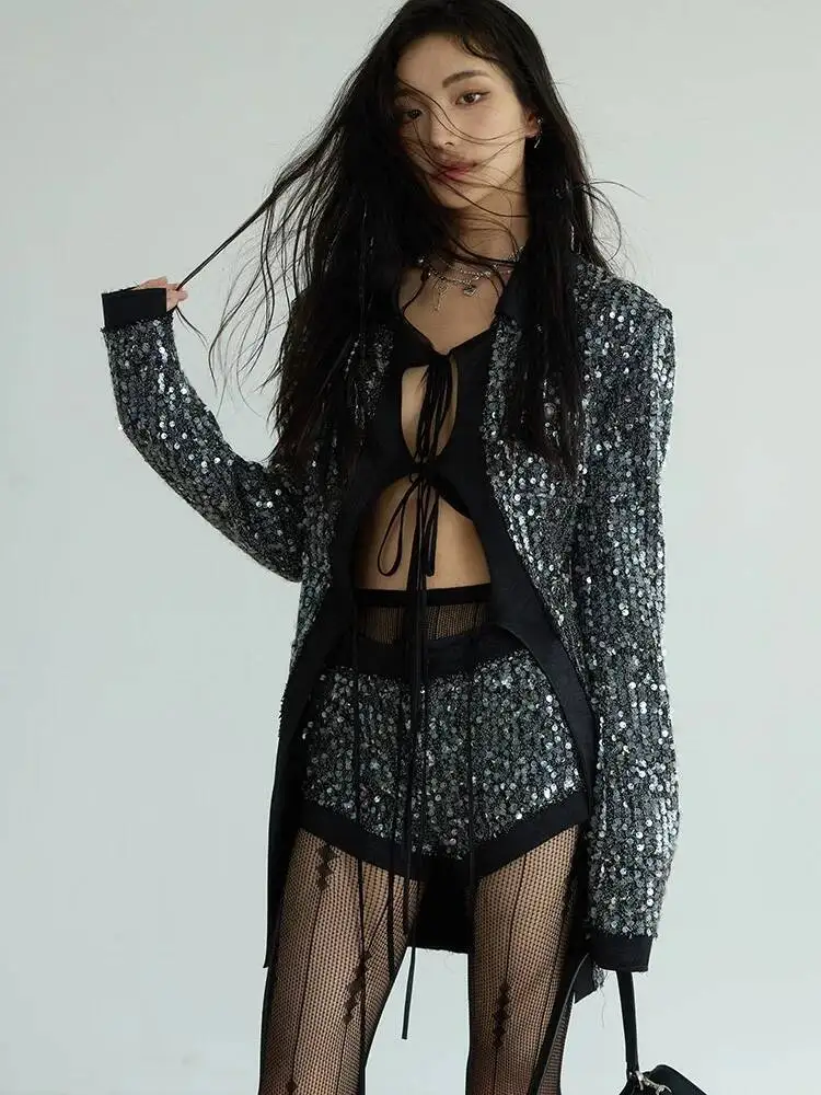 Gespleißt Pailletten Glänzende Blazer Zwei Stück Set Frauen V-ausschnitt Langarm Patchwork Spitze Up Top Hohe Taille Shorts Sets Weibliche Neue