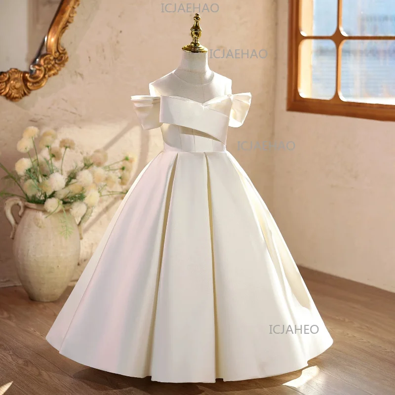 2026 Kids Evening Birthday Long Gown Dresses Dress Host Piano Performance Pageant Outfit Children White Flower Girl Princess