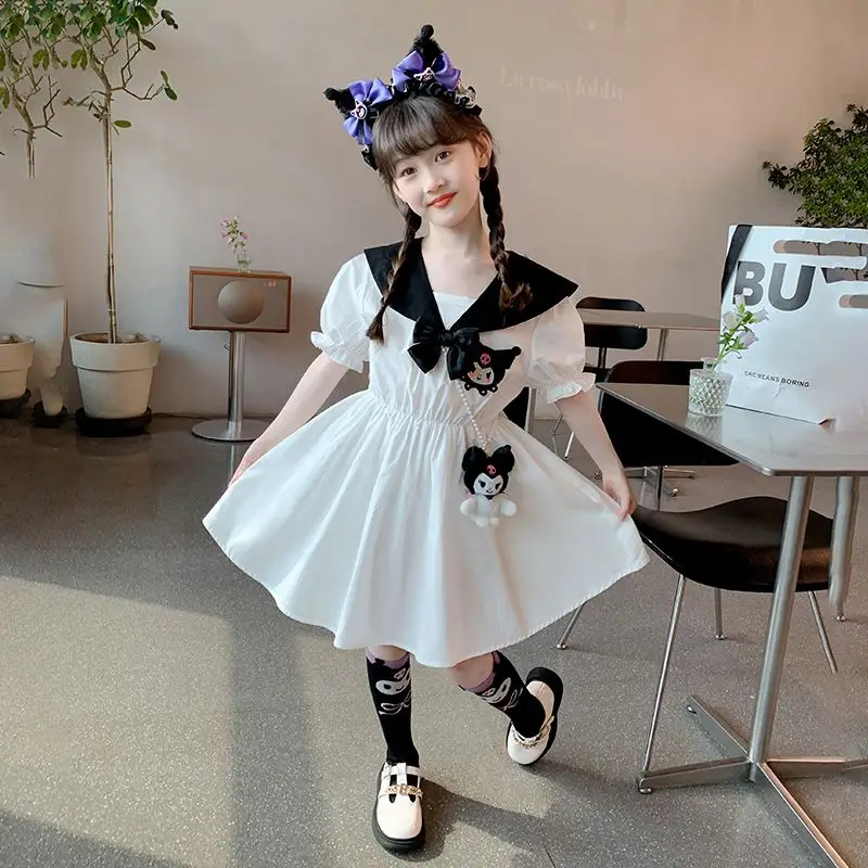 Short Sleeves Dress Sanrio Kuromi Girl Summer Simple Classics Style Fashion Cartoon Kawaii Bow Lie Fallow Dress Children's Gift