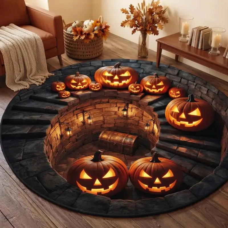 VIKAMA Halloween Round Rug Pumpkin Monster Lava Crack 3D Area Rug Living Room Holiday Home Decor Aesthetic Art Premium