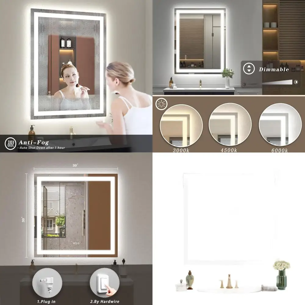 Miroir mural de salle de bain carré éclairé par LED de 30 pouces, intensité variable, antibuée, incassable, fonction mémoire, certifié ETL