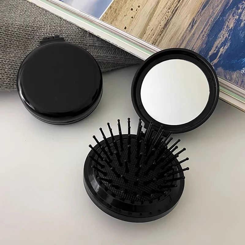 Head Massager Mirrors Anti-static Styling Accessories Portable Travel Black Mini Folding Hair Brushes Comb Special for Real Hair view 3