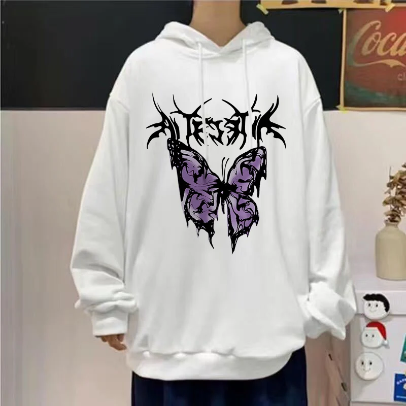 Женская одежда, осень 2022, с графическим принтом бабочки, модная Корейская толстовка оверсайз в стиле ольччан, Y2K, пальто в стиле готического ...