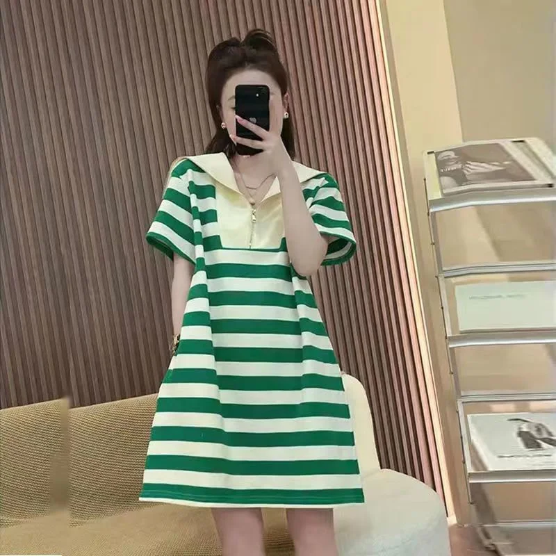 Gestreepte Plus Size Losse Straat Casual Marine kraag T-shirt Jurk Zomer Nieuwe Korte Mouw Rits Mini Jurk Mode Vintage Vrouwen