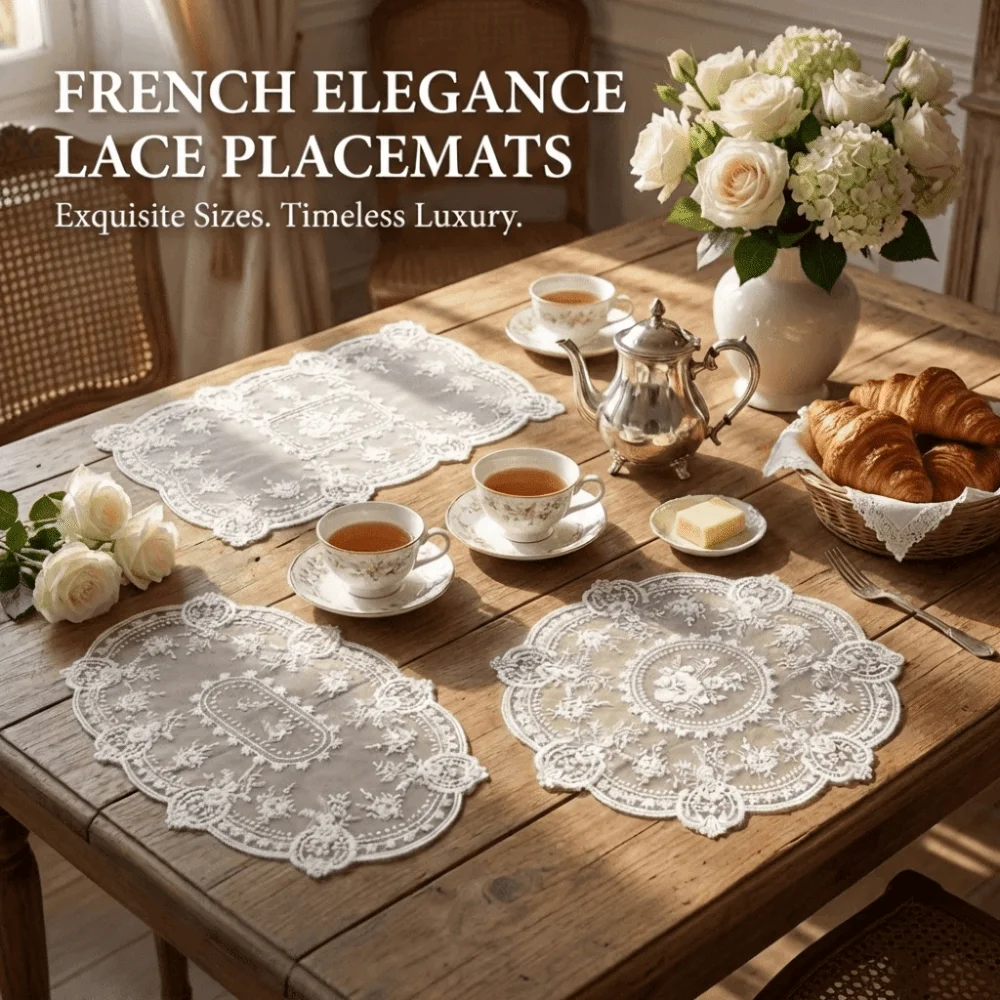 Vintage Embroidered Lace Table Mat Flower Embroidery Round Lace Table Cloth Napkin Placemat Dining Table Cover Wedding