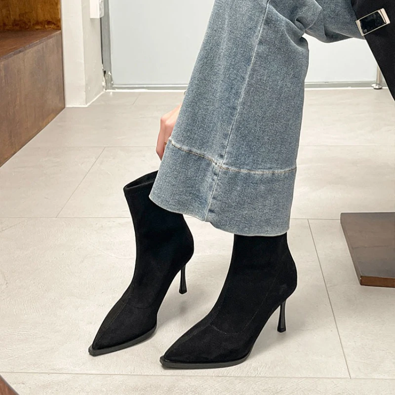 Pointed Toe Women's High Heel Ankle Boots Fashion Elegant Dancing Party Shoes Autumn Winter Women's Stretch Slim Short Booties