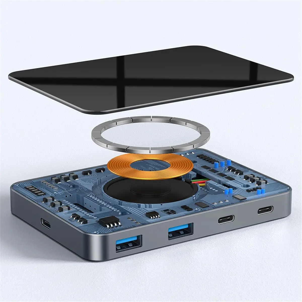10-in-1 USB C Hub with 15W Wireless Fast Charging and Dual Card Reader for Efficient Connectivity for Phone Computer