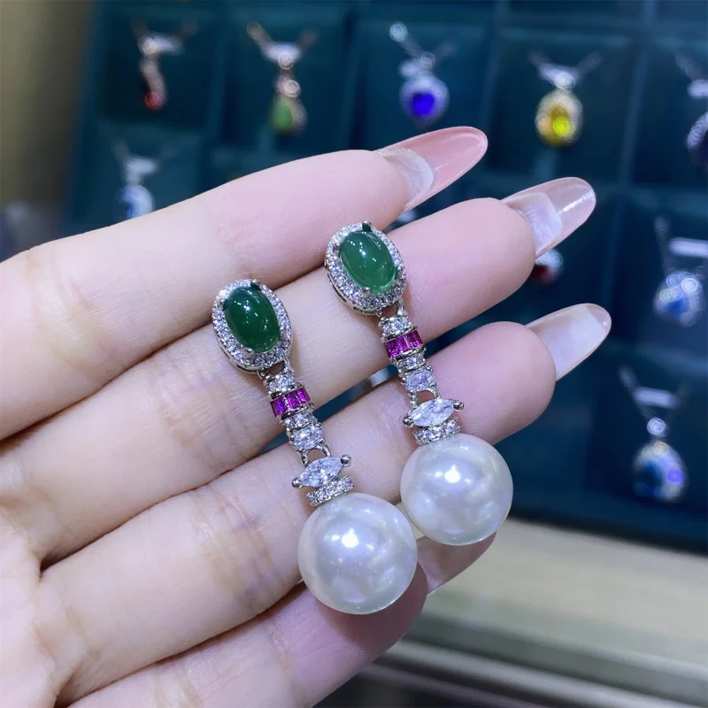 Natural Agate Chalcedony Shell Beads Comparable to Pearls Full Diamond Open Ring for Women Versatile Pendant Earrings Set