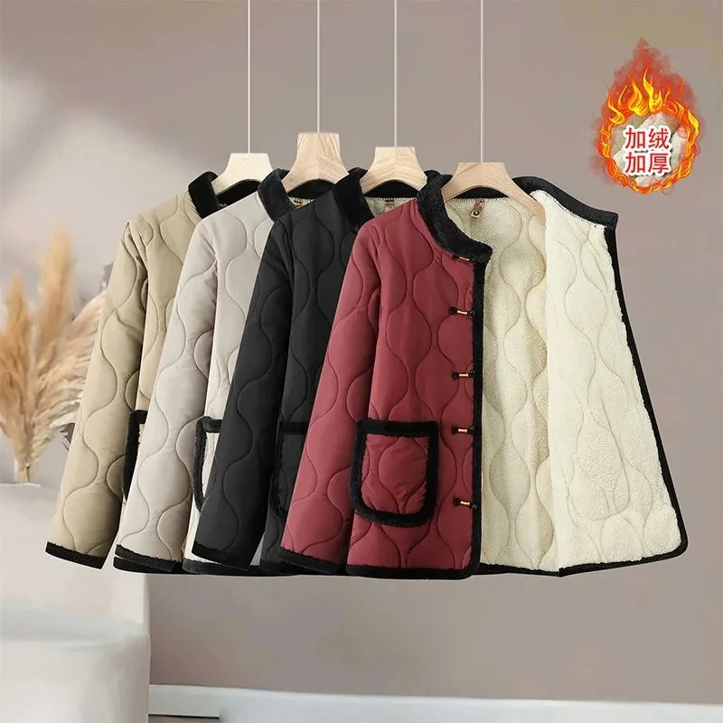 Autumn Winter New Casual Small Cotton-Padded Jacket Fashion Jacket Women's Light Round Neck Pocket Warm Cotton-Padded Jacket