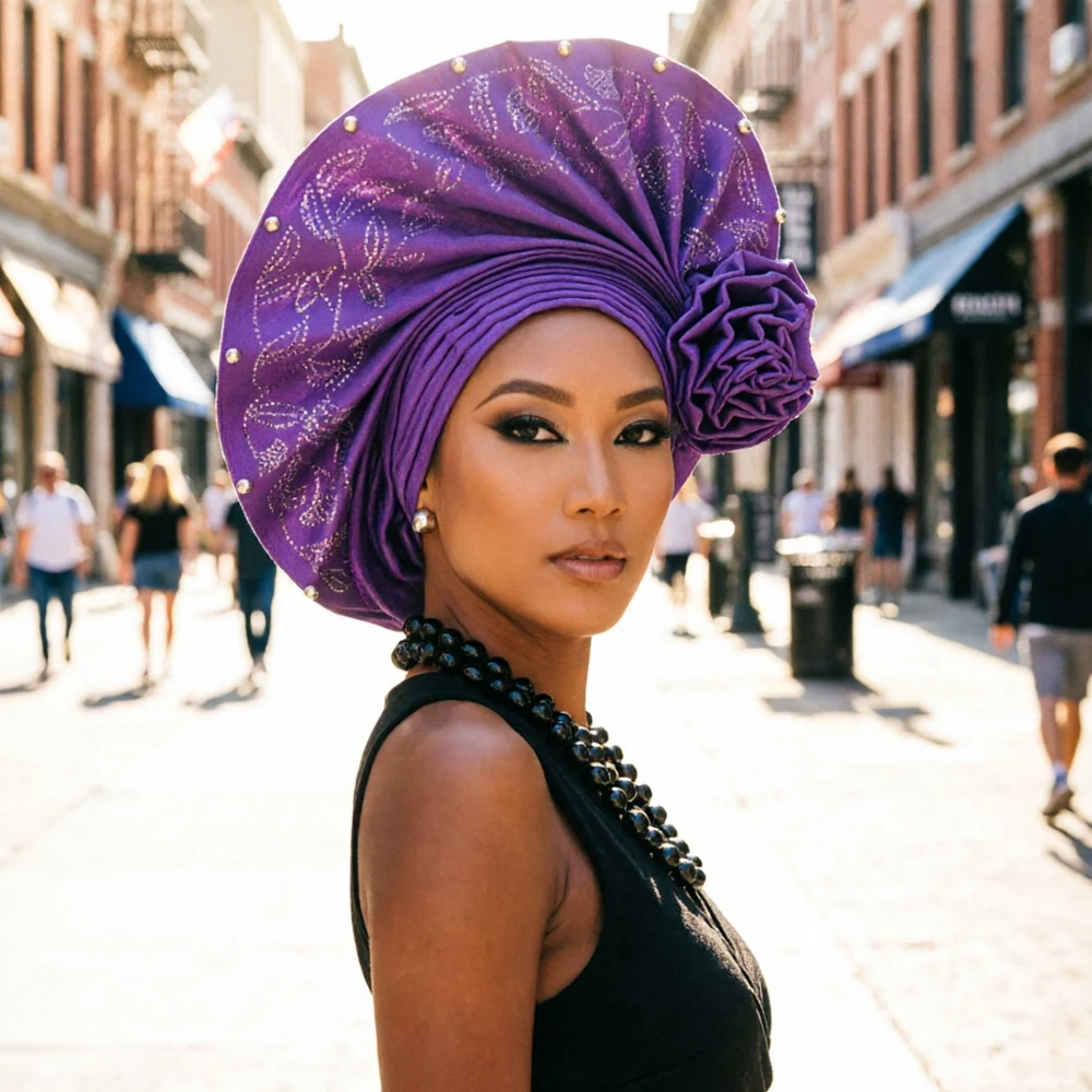 Women Turban Hat Rhinestone Flower Decor African Head Wrap Embroidered Beaded Hijab Cap Wedding Party Islamic Headwear Nigerian