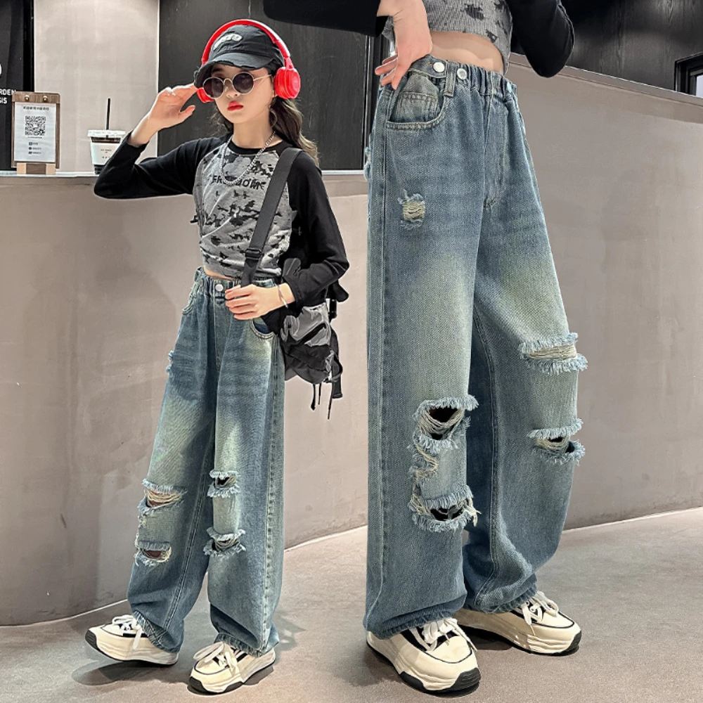 2024 Spring Autumn Kids Teen Denim Trousers Vintage Ripped Jeans for Girls Fashion High Waist Broken Hole Wide Leg Pants5-14Yrs