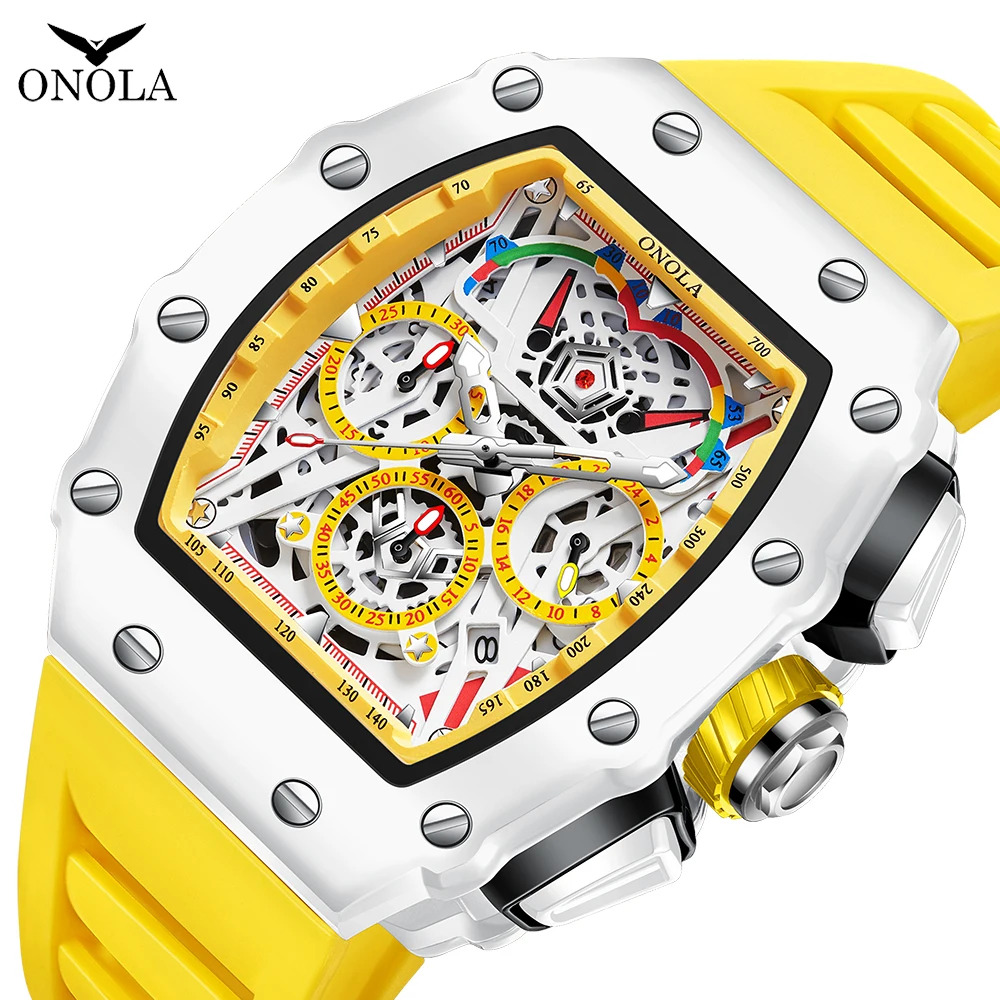 Luxury Brand ONOLA Men Quartz Watch Fashion Tonneau Silicone Strap Sport Waterproof Quartz Watches Man Chronograph Dropshipping