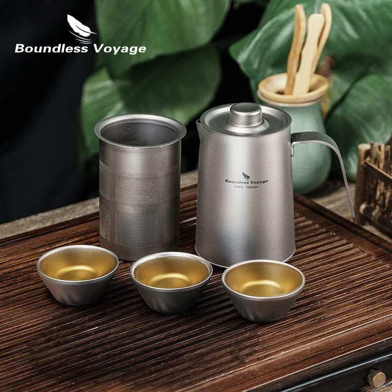 Boundless Voyage Titanium Tea Set 380ml Travel Portable Chinese Kung Fu Teapot Cups All in One for Outdoor Camping Picnic