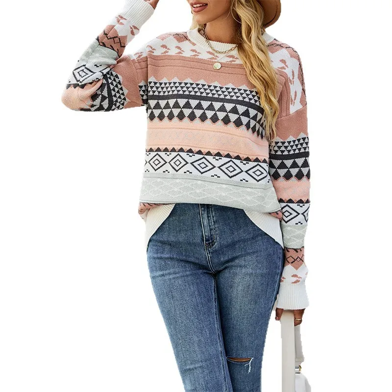 Sweater Women 2025 Autumn New Geometric Pattern Splicing Knitted Fashion Tops Retro Sweater for Women 6