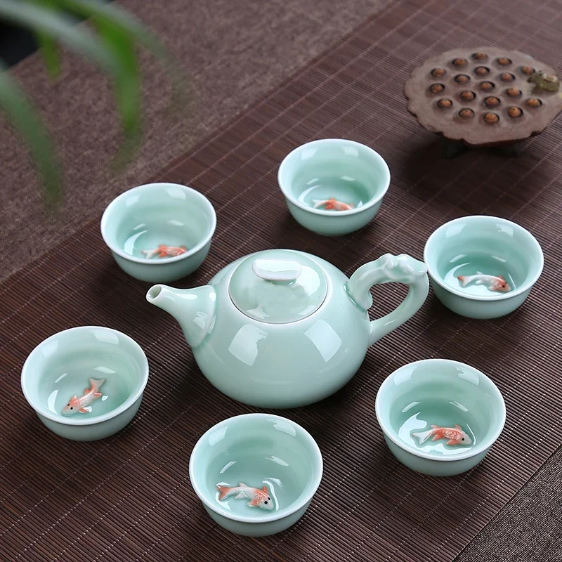Longquan Celadon fish tea set ceramic teapot kettle cup chinese kung fu drinkware 1pot+6cups