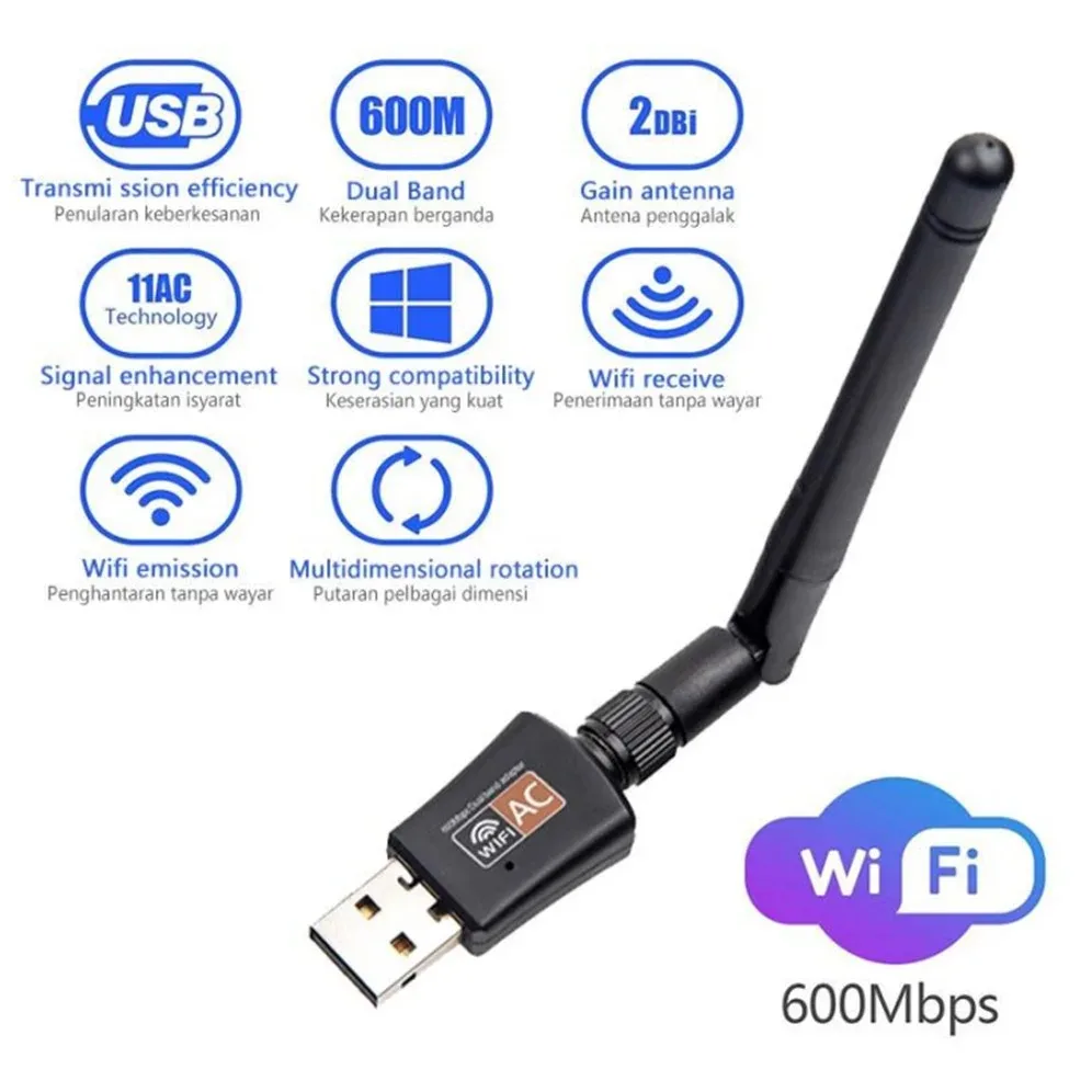 듀얼 밴드 USB 와이파이 어댑터, 무선 네트워크 카드, PC용 동글, 600Mbps, 2.4GHz + 5GHz