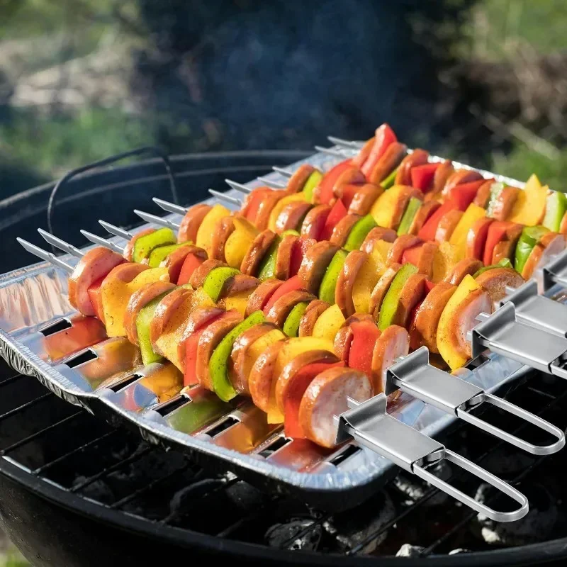 1PC Stainless Steel Double Needle Barbecue Skewers with Self Push Plate Barbecue Forks Outdoor Home BBQ Accessories Picnic