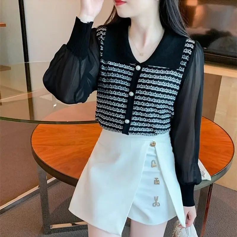 Xiaoxiangfeng Doll Collar Knitted and Spliced Chiffon Shirt for Women's New Fashion and Western-style Temperament Top