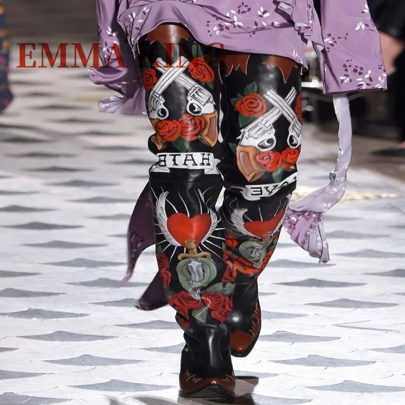 2025 جديد الخريف الشتاء راعية البقر الأحذية مثير أشار تو 8 سنتيمتر إسفين الكعوب الفخذ أحذية عالية روز طباعة قبعات رعاة البقر الغربية Bootie 35-44 #2