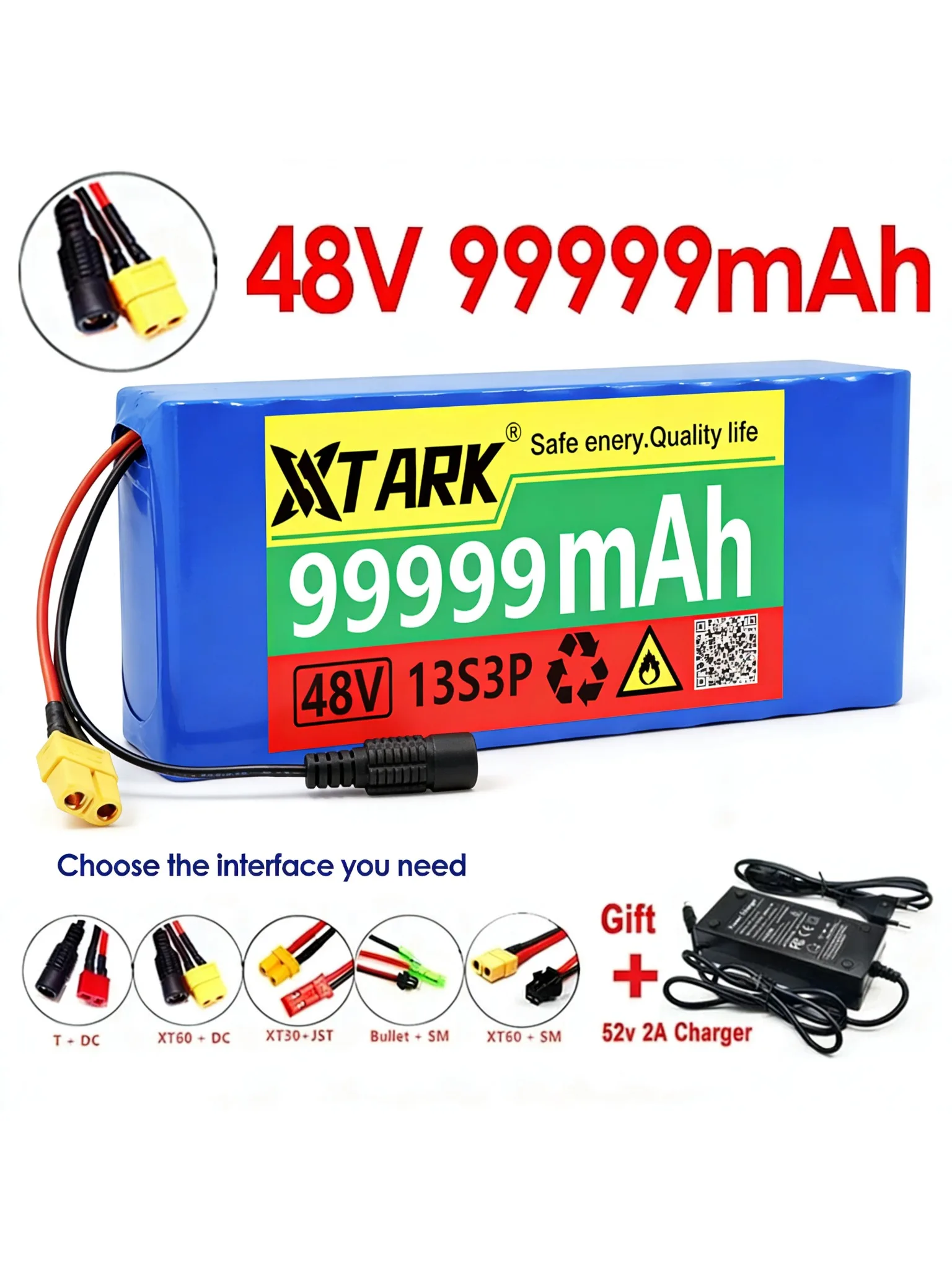 

New 48V 99999mAh 100000mAh 13S3P Lithium Ion Battery Pack 54.6V With BMS + Charger For Electric Devices