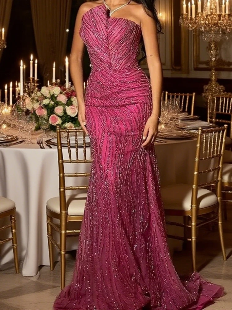 Gaun malam Elegan Vintage Manis Seksi Merah Muda Putri Duyung Manik-manik Renda Acara Formal Gaun Panjang Berkilau Disesuaikan