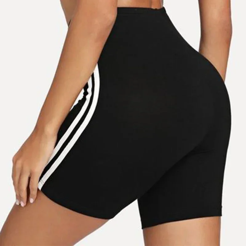 Pantalones cortos deportivos de talla grande de estiramiento alto para mujer, pantalones deportivos de punto hasta el muslo con rayas laterales, pantalones modernos y cómodos