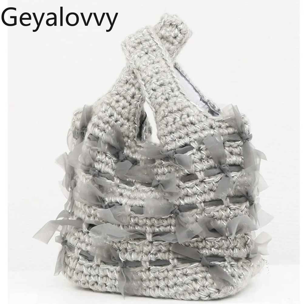 

Ladies Handbag Japanese Style Wool Crocheted Lace Bow Tote Bags Sweet and Cute Fashion Elegant Casual Handbags for Women