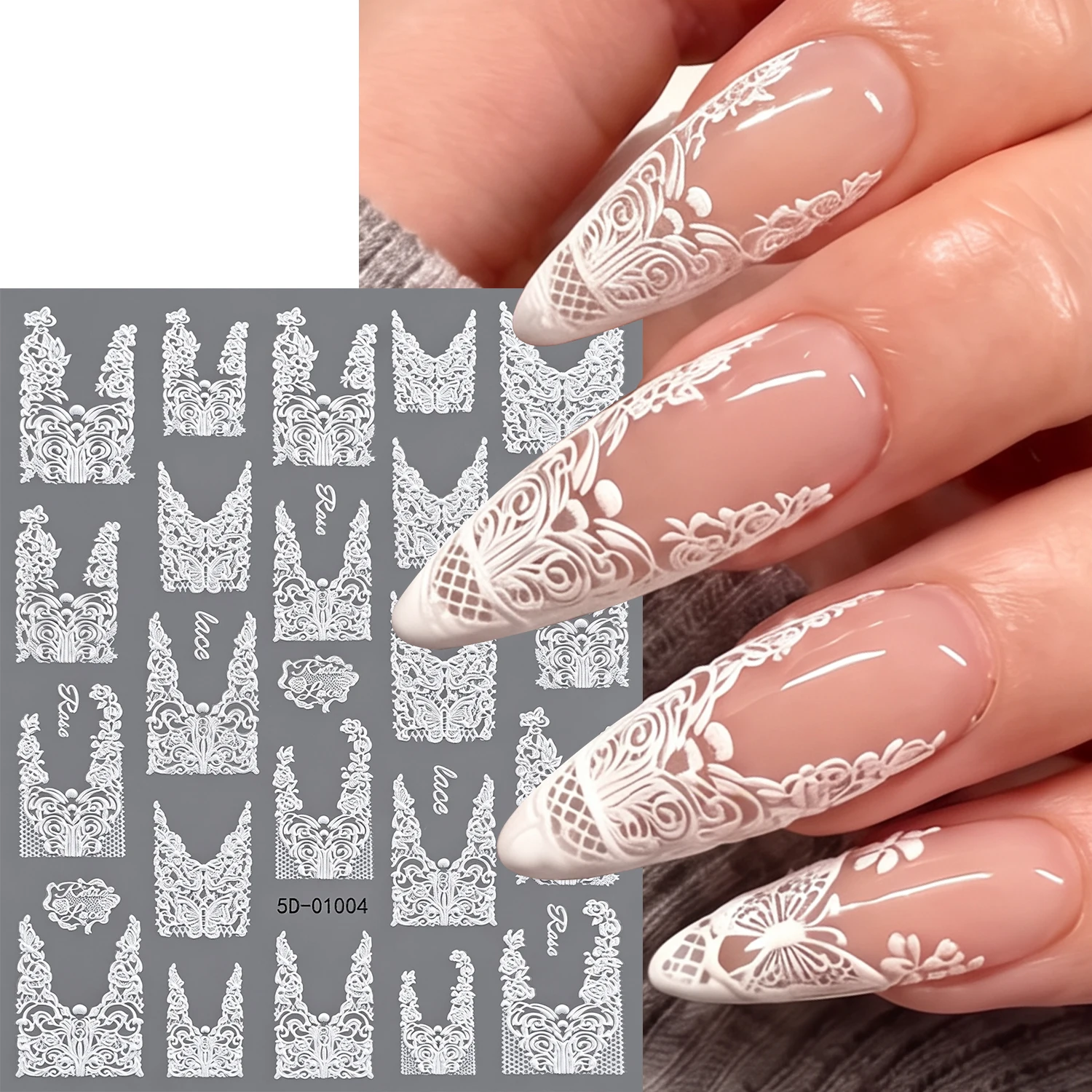 1PC 5D Embossed White Lace V Shape Nail Stickers Hollow Floral Mesh Nail Art Decals Elegant Manicure Decor For Wedding Party DIY