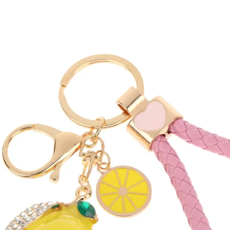 Niedlicher Zitronen-Schlüsselanhänger, modischer Zitronen-Schlüsselring mit Strass, geflochtenes PU-Lederband, Taschenanhänger, Dekoration, schöne Geschenke – Detail 12