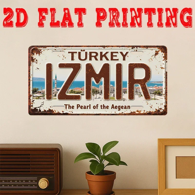 2D Flat, 1pc Vintage Izmir Turkey Metal Tin Sign - Aegean Coast Landmarks Wall Art Retro Izmir Map with Text & Iconic Symbols