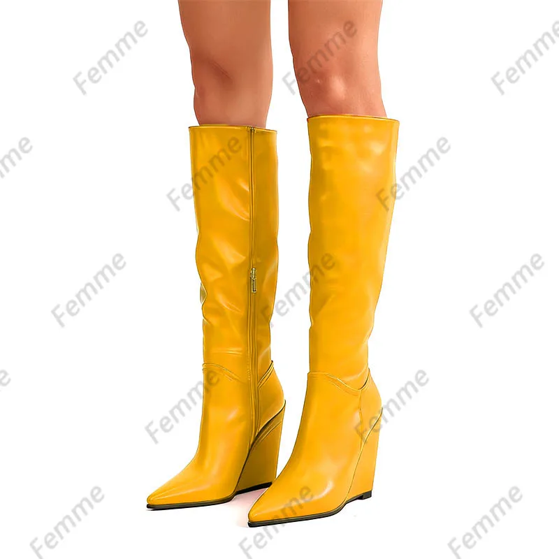 Femme Handmade Pink Knee-High Boots - Wedge Heel Design - Pointed Toe - Leather Women's Footwear - Custom Crafted  Size 5-15