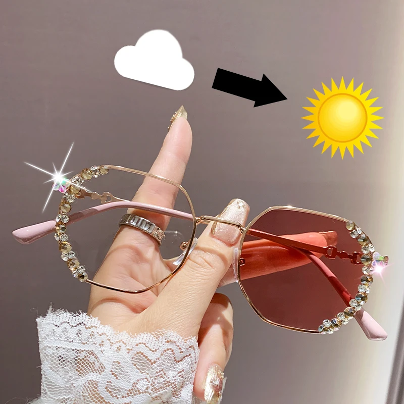 

Diamond-studded color-changing flat mirror Photochromic Anti Radiation Glasses Metal Eyeglass For Woman Men