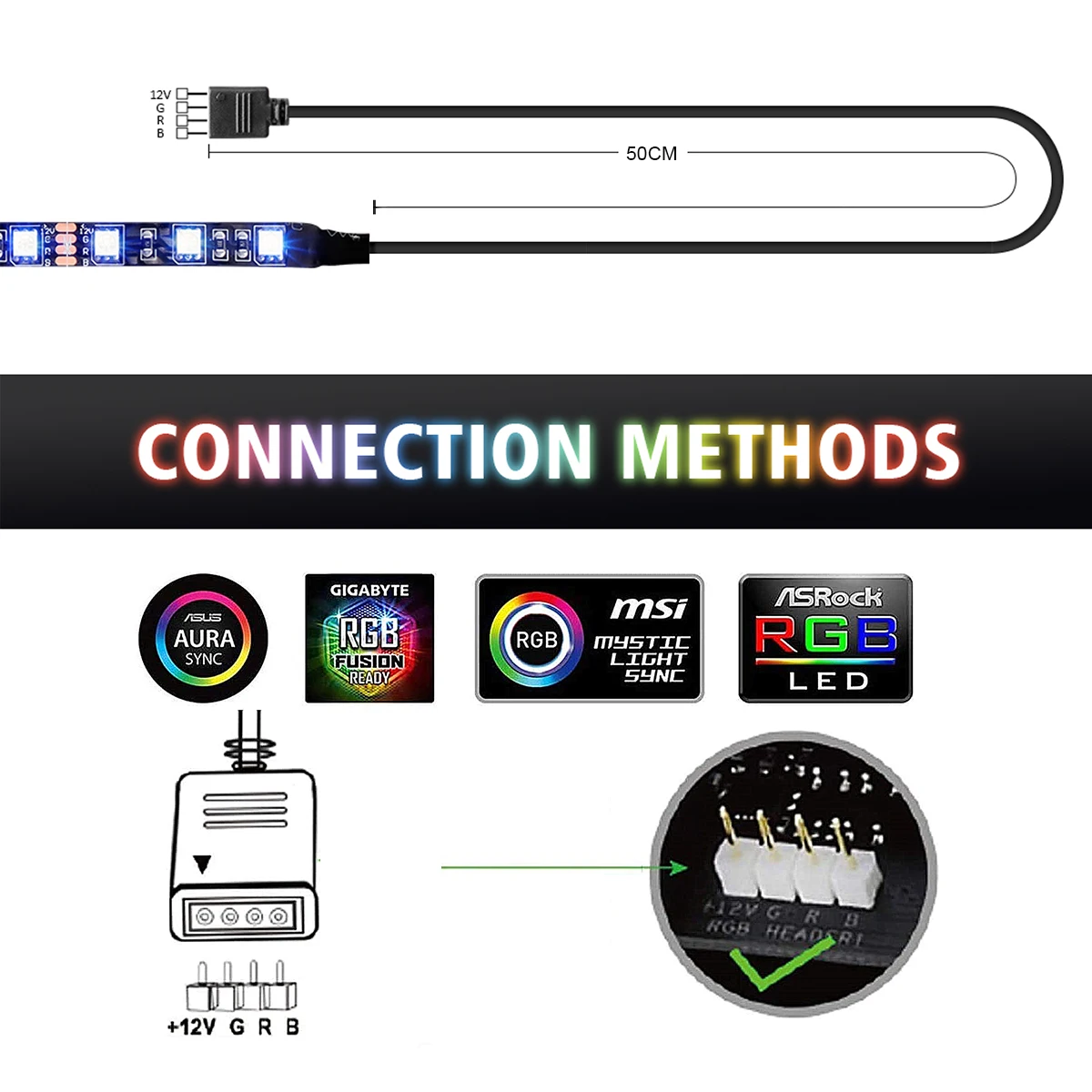 4 Pin RGB-Header DC12V 5050 LED Strip Gaming Light RGB Branch Line for Aura Sync Motherboard Control PC Computer Case (+,G,R,B)