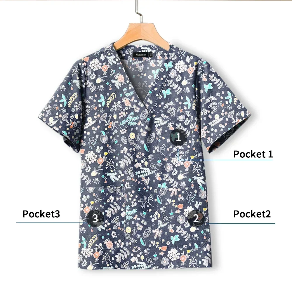 Printed Scrubs Surgical Uniform Top Fashion Work Clothes Nurse Doctor Cotton Breathable Spa Uniform Hot Sales Short Sleeved Tops