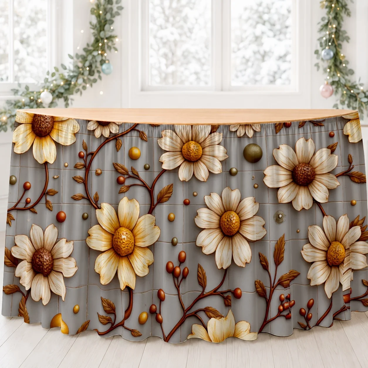One table skirt, a floral daisy-patterned polyester table skirt with a retro country and elegant plant design