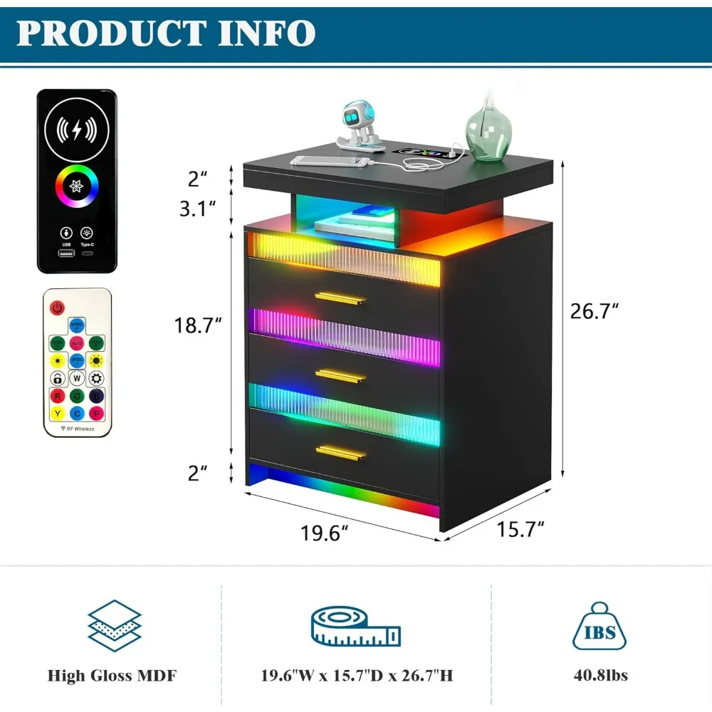 LED Nightstand with USB/Type-C/Wireless Charging Station, Night Stand with 24-Color Auto RGB LED Light with 3 Drawers, End Table