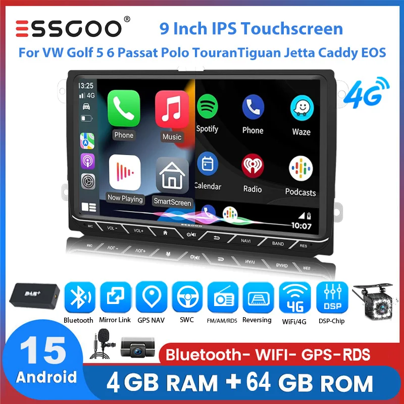 Image of ESSGOO Autoradio Android15 9" 6+128 GB für VW Golf 5 6 Passat Polo Touran Tiguan Jetta 4G LTE DSP GPS Navigation AM Wireless CarPlay Android Auto WiFi FM RDS Lenkradsteuerung Mirror Link CANBUS