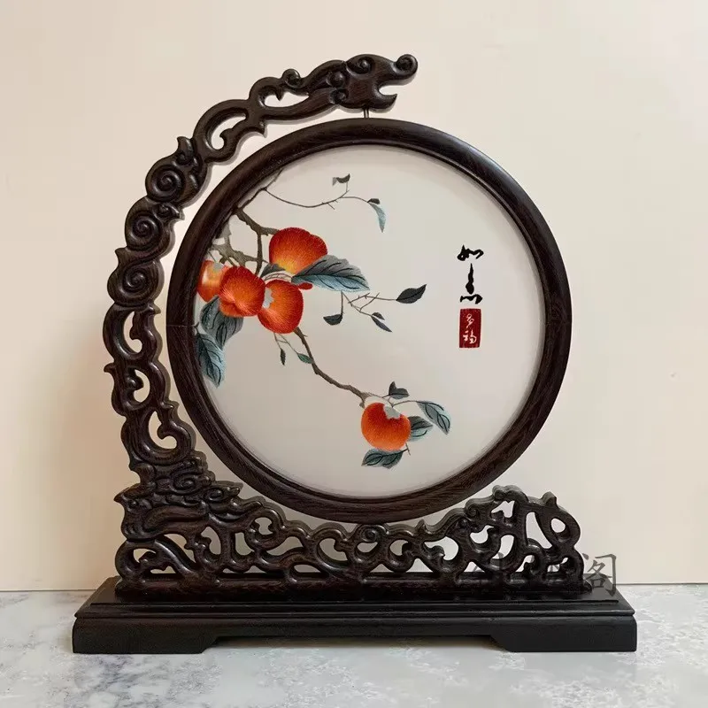 Hand-embroidered Chicken Wing Wooden Dragon Head Stand Screen Exquisite Double-sided Embroidered Gift Home Deco 1