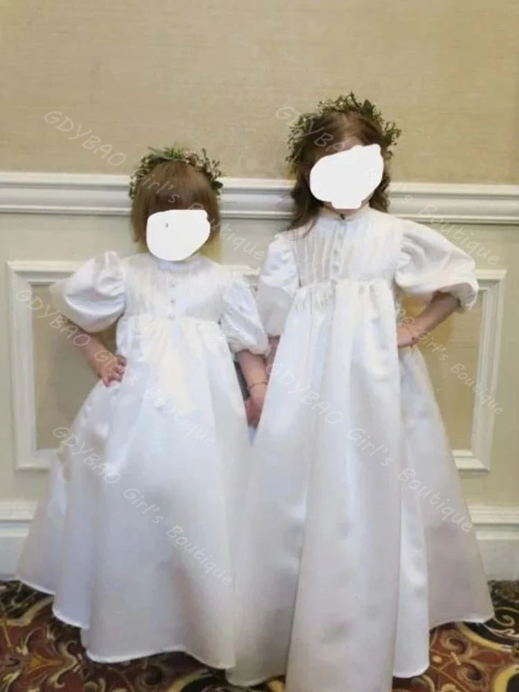 فستان من الساتان ثنيات للمناولة الأولى للفتيات عالي الخصر وأكمام منتفخة فستان فتاة الزهور لحفلات الزفاف من 2 إلى 14 فستان حفلات مخصص للأطفال