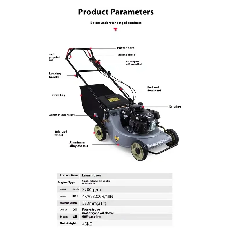 16-21 Inch Heavy 4-Stroke Lawn , Single Cylinder 160CC Push Mower With 3-In-1 Grass Bag