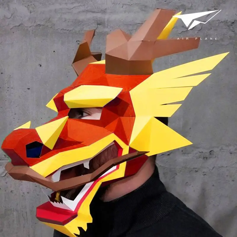 Dragon King Mask Full Face Handmade DIY Paper Model 2024 Dragon Year Lucky, Dominant Wearable Cos Performance Head Set