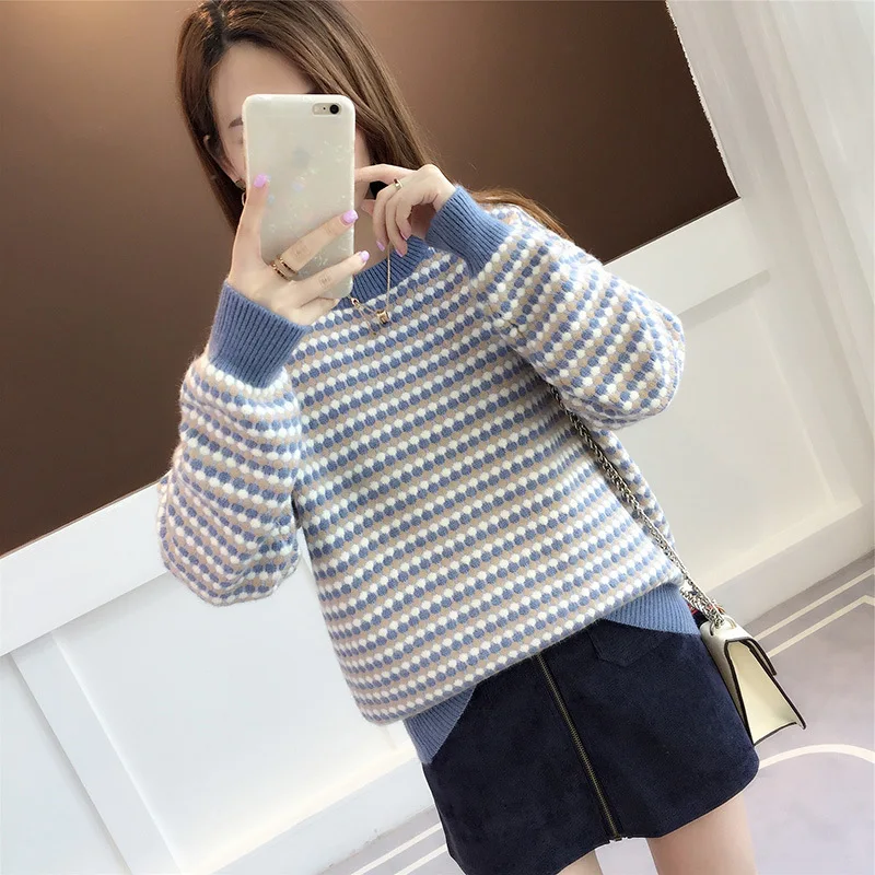 Pullovers Women Sweaters Female Spring Autumn New Round Collar Stripe Loose Wave Point Sweaters Women Fashion LXJ2216
