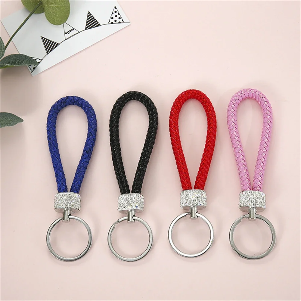 1PC PU Leather Braided Woven Rope Keychain Glitter Rhinestones Key Ring For Men Women Multiuse Car Key Holder Charms