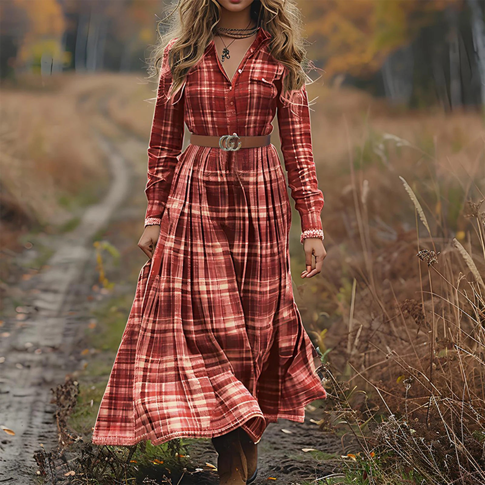Damen-Hemdkleid mit Karomuster, Frühling und Herbst, neues einreihiges Maxikleid mit V-Ausschnitt, stilvolle, fließende Kleider im Retro-Western-Stil mit Gürtel