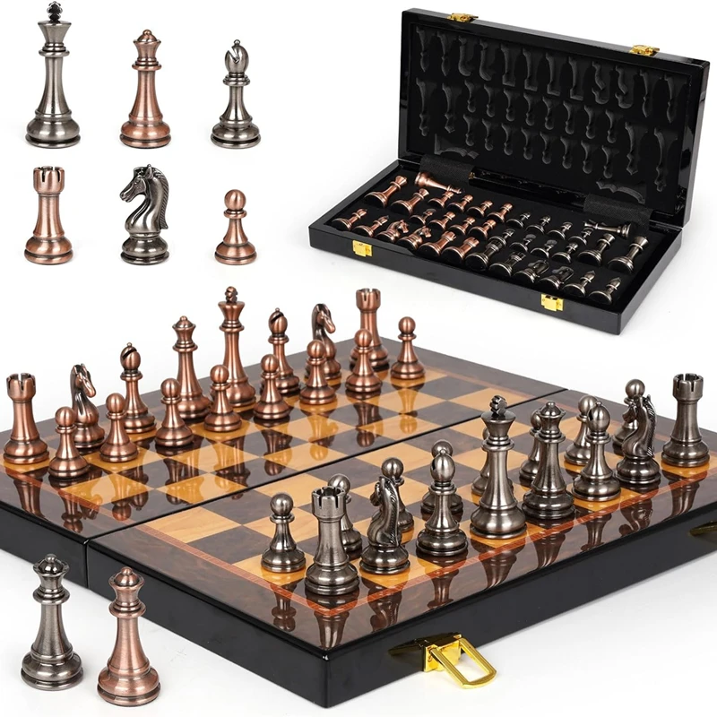 

New metal chess set 38cm/15inch folding chessboard lacquered metal zinc alloy chess pieces, including 2 additional queens