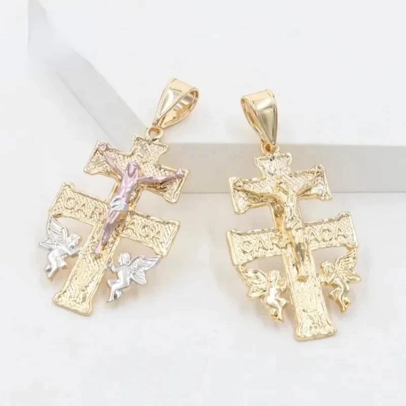 Ruixi Fashionable 18k Gold-plated Three-color Jewelry New Religious Cross Jesus Angel Necklace Pendant Gift for Men and Women