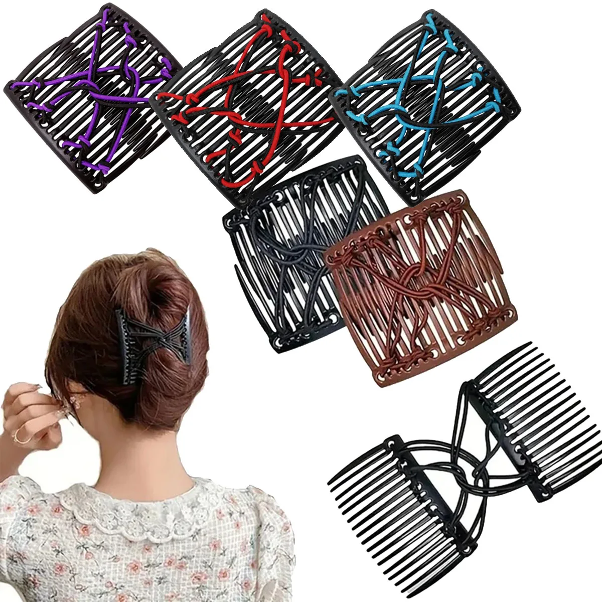 Magic Elastic Hair Comb Clip, Stretch Double Row Hair Fork, Easy Updo Styling Tool for Women, Vintage Hair Accessory