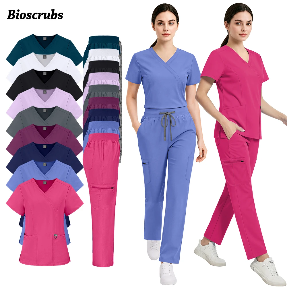 Medical Nurse Uniforms High Quality Anti-Wrinkle Pet Vet Workwear Operating Room Scrubs Set Dentist Surgical Elastic Tops+Pants